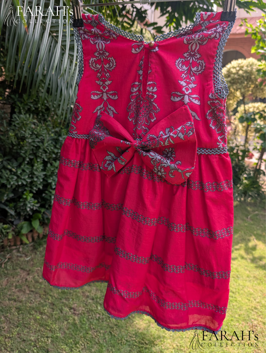 Handcrafted Ruby Floral Frock with Crochet Lace