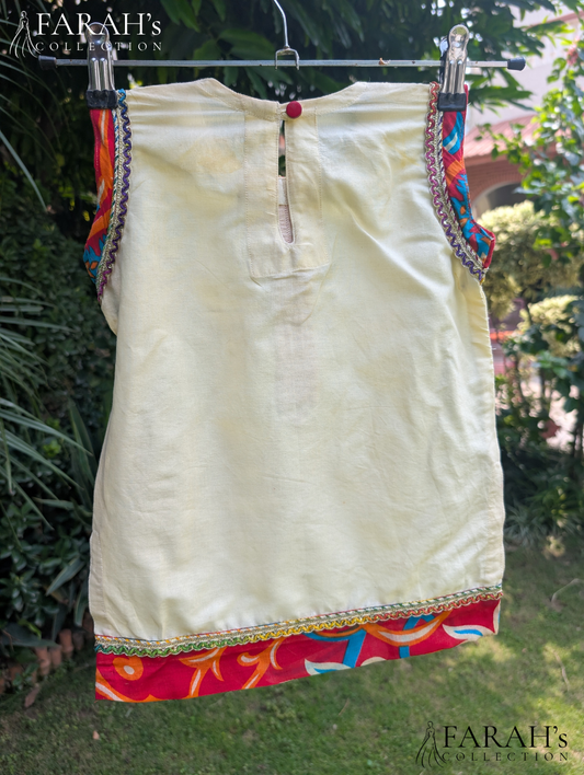 Ivory Sleeveless Kurti with Embroidered Placket & Printed Border Trouser (2-Piece Set)
