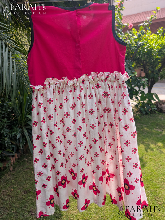 Crimson Rose Floral Cotton Frock with Ruffle Waist