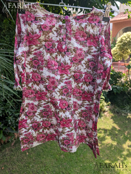 Vintage Rose Floral Kurti with White Lace Inserts