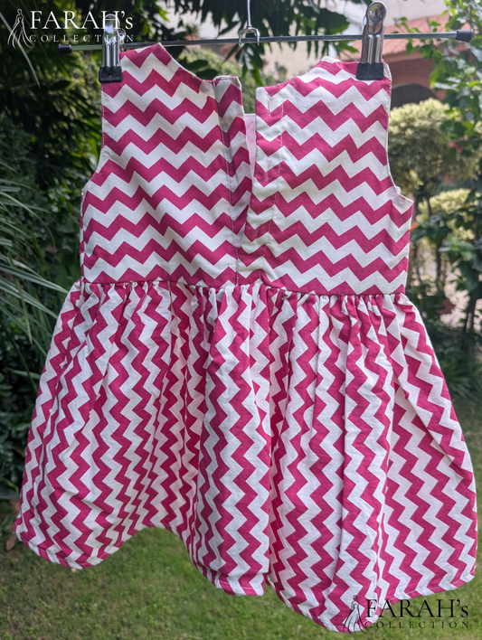 Pink Chevron Twirl Frock with Embroidered Floral Motif