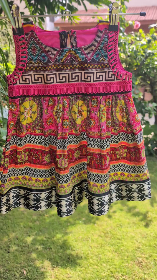 Multi-Pattern Ethnic Print Flared Frock