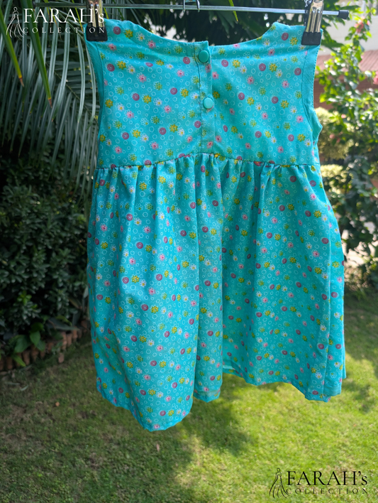 Turquoise Floral Tiered High-Low Frock with Ruffle Neck