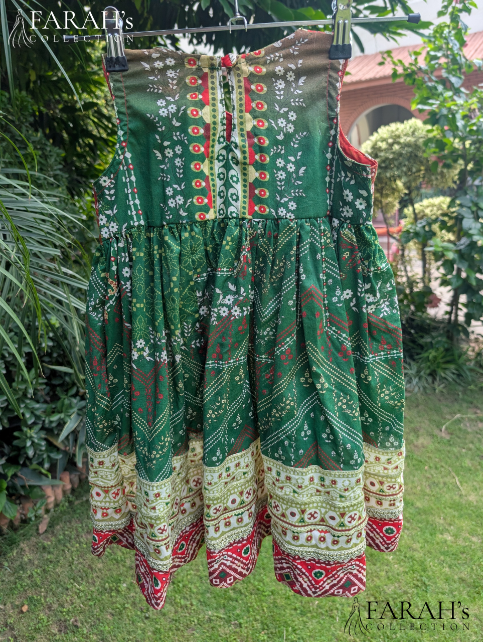 Emerald Green & Crimson Chunri Angrakha-Style Frock