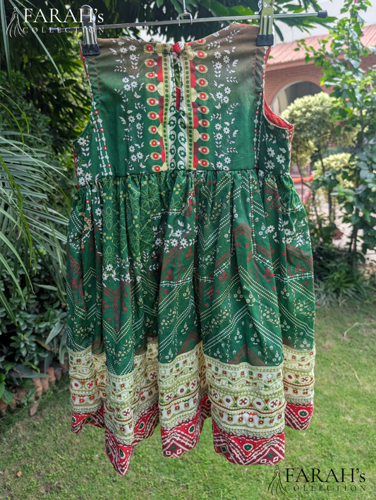 Emerald Green & Crimson Chunri Angrakha-Style Frock