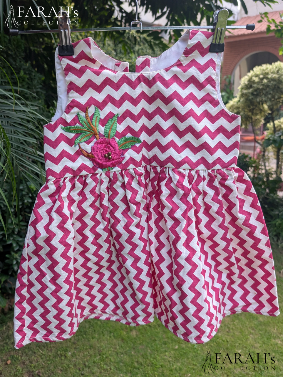 Pink Chevron Twirl Frock with Embroidered Floral Motif