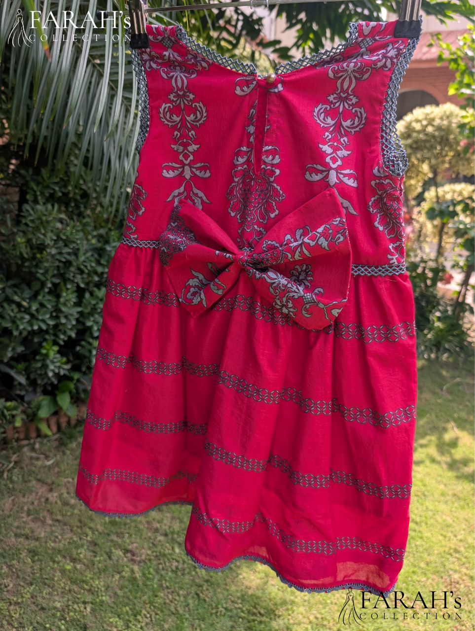 Handcrafted Ruby Floral Frock with Crochet Lace