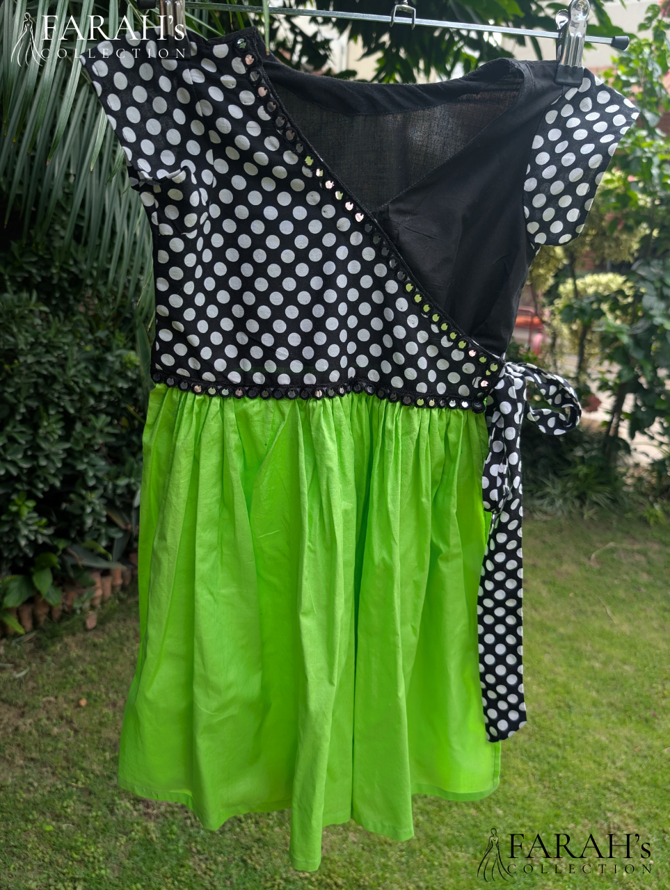 Handcrafted Cross-Over Angrakha Cotton Frock with Mirror-Lace
