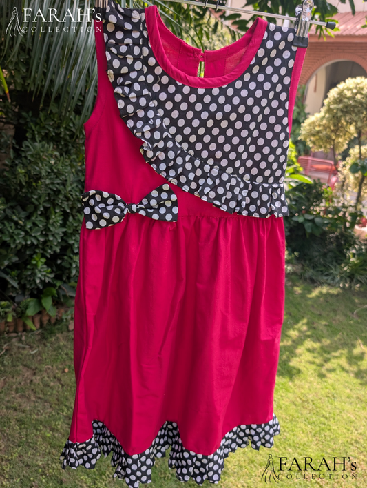 Magenta Pink & Polka Dot Ruffled Cotton Frock
