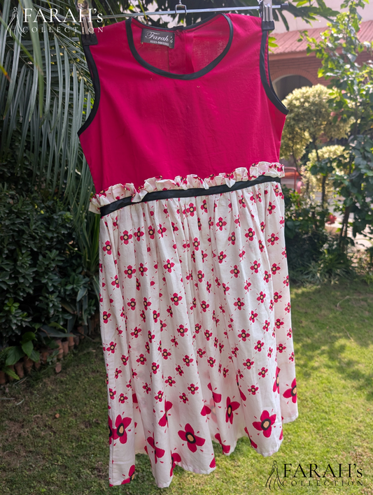 Crimson Rose Floral Cotton Frock with Ruffle Waist