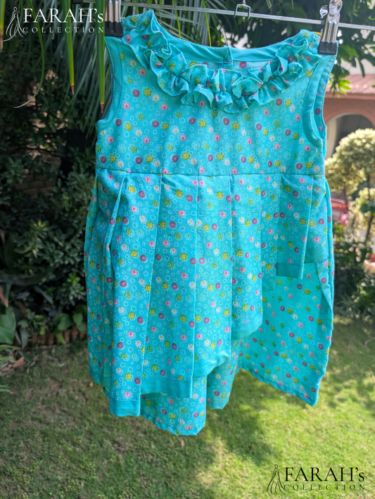 Turquoise Floral Tiered High-Low Frock with Ruffle Neck