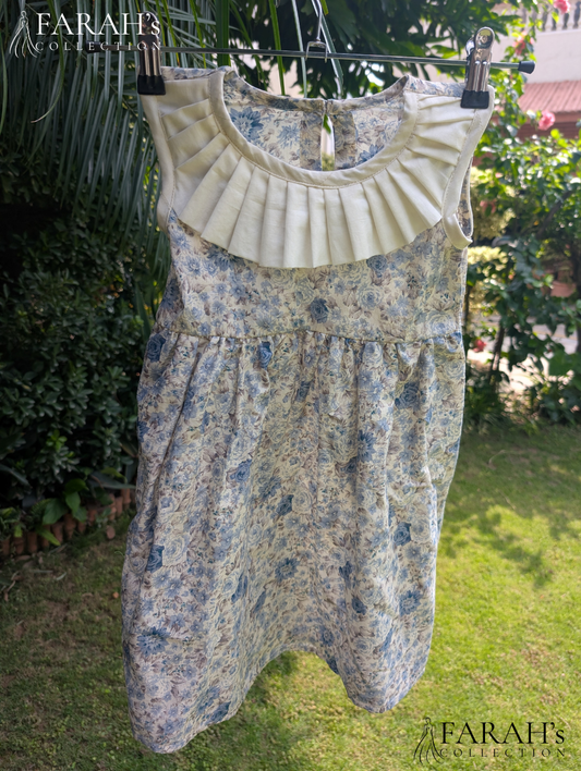 Vintage Blue Floral Pleated-Neck Frock
