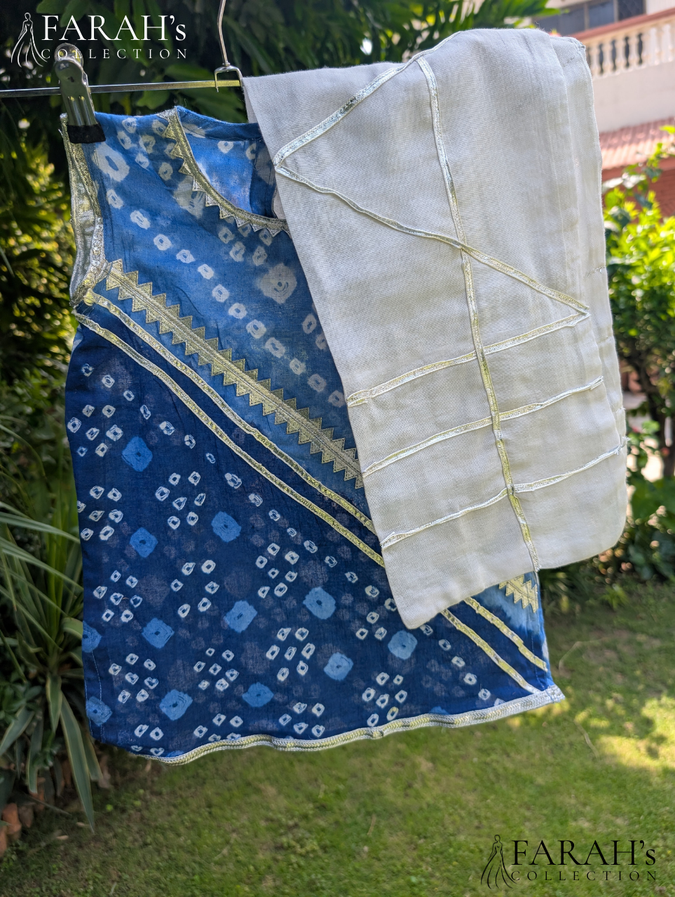 Blue Bandhani-Style Kurti with White Trousers (2-Piece Set)