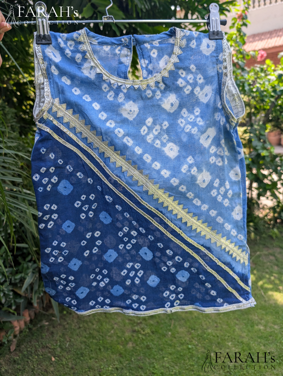 Blue Bandhani-Style Kurti with White Trousers (2-Piece Set)