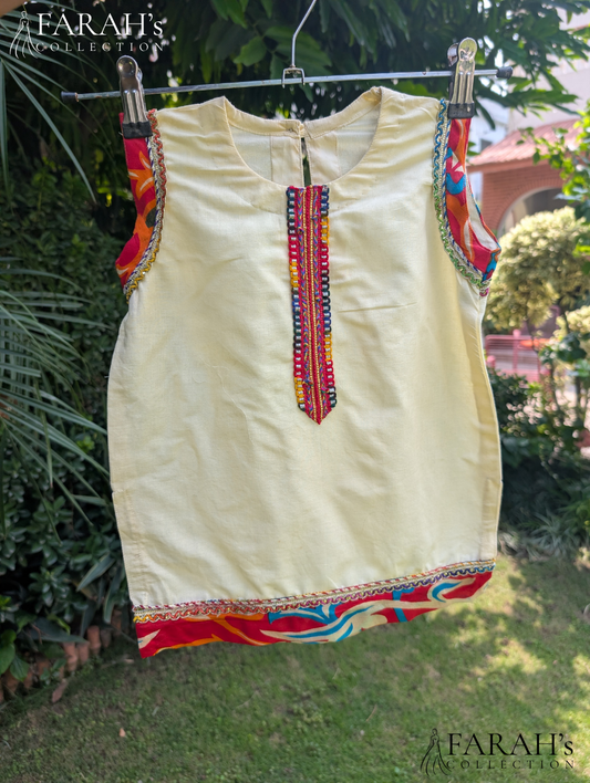Ivory Sleeveless Kurti with Embroidered Placket & Printed Border Trouser (2-Piece Set)