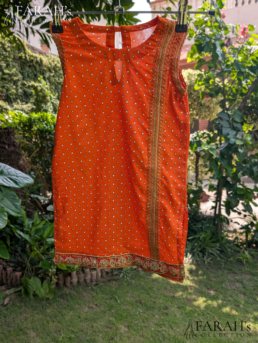Orange Polka-Dot Kurti with Green Trousers (2-Piece Set)