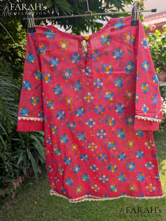 Floral Printed Kurti with Lace Trim (2-Piece Set)