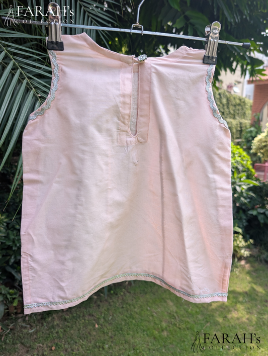 Pastel Pink Gota-Lace Kurti with Matching Trouser (2-Piece Set)