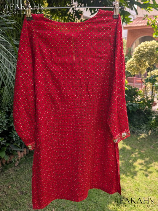 Embroidered Rust Red Kurti with Striped Trousers (2-Piece Set)