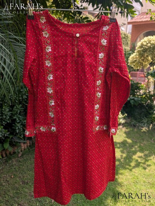 Embroidered Rust Red Kurti with Striped Trousers (2-Piece Set)