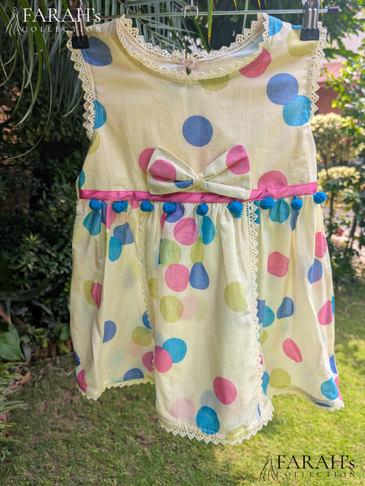 Pastel Polka Dot Cotton Frock with Bow & Tassels