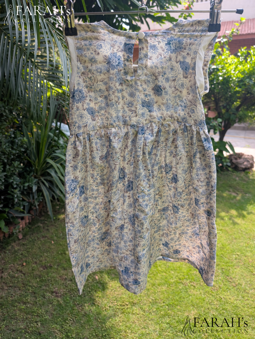 Vintage Blue Floral Pleated-Neck Frock