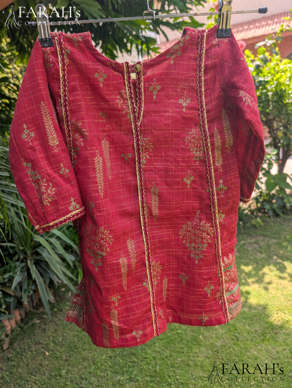 Crimson Gold-Printed Kurti with Vintage Floral Trousers (2-Piece Set)