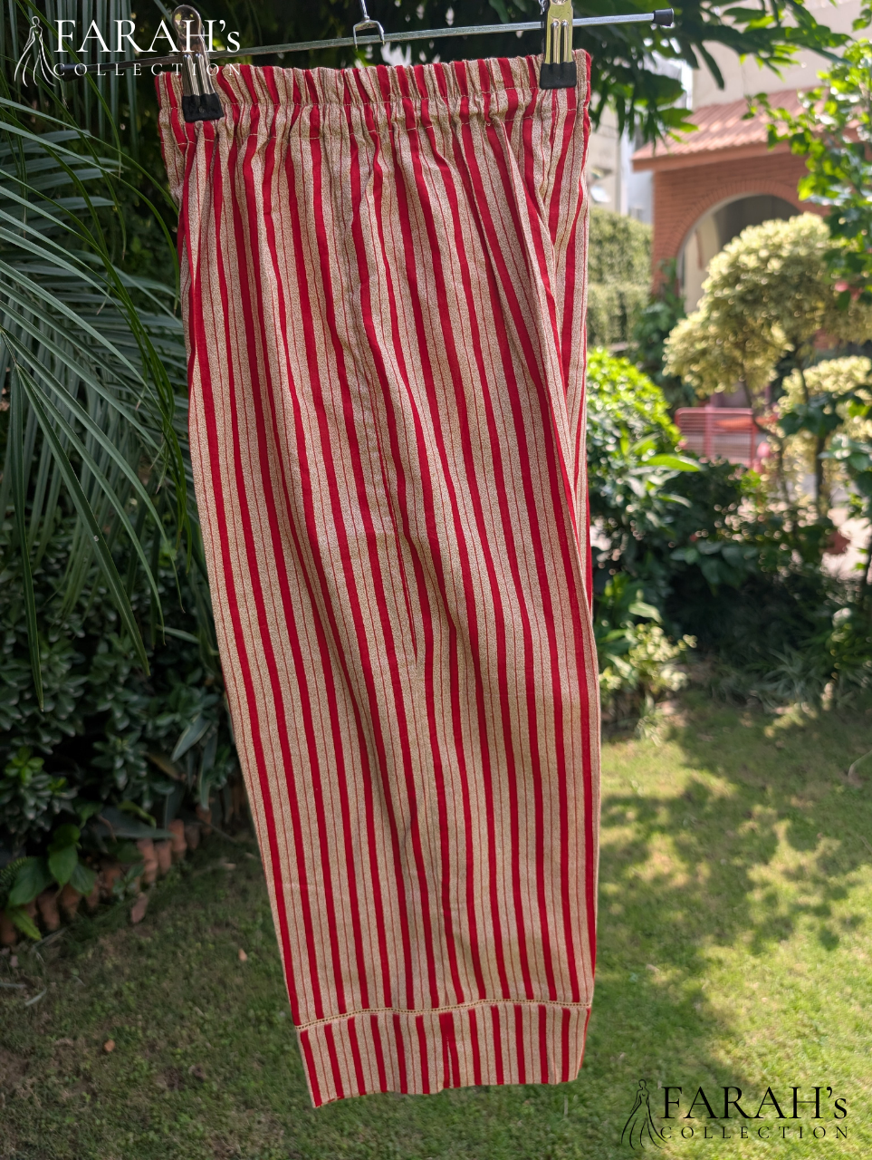 Embroidered Rust Red Kurti with Striped Trousers (2-Piece Set)