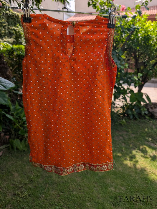 Orange Polka-Dot Kurti with Green Trousers (2-Piece Set)