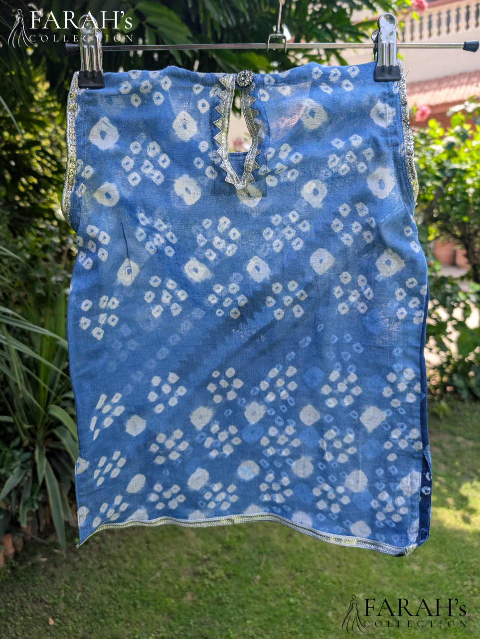 Blue Bandhani-Style Kurti with White Trousers (2-Piece Set)