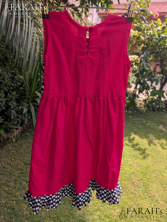 Magenta Pink & Polka Dot Ruffled Cotton Frock