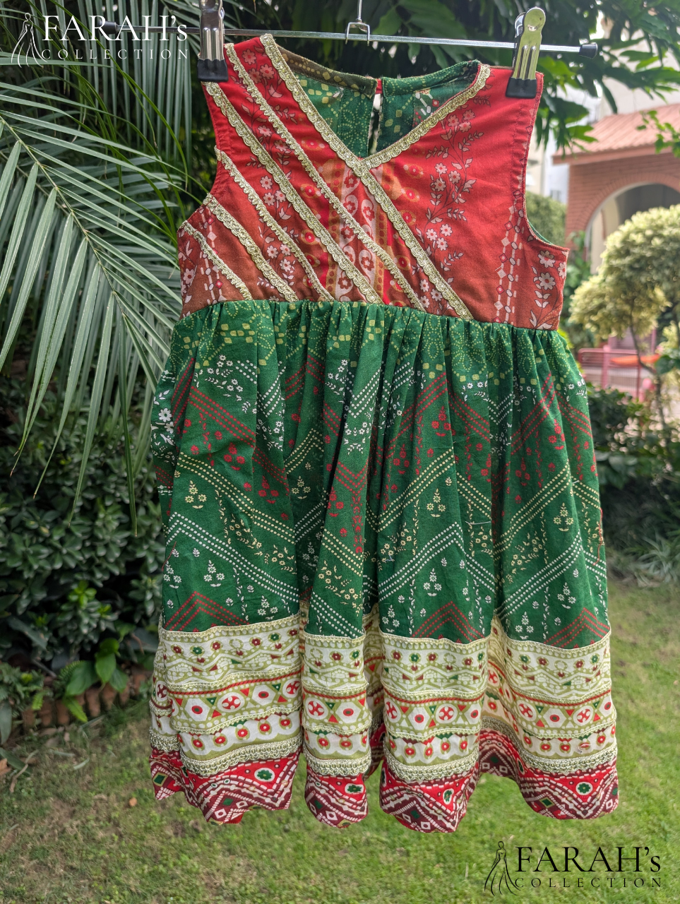 Emerald Green & Crimson Chunri Angrakha-Style Frock